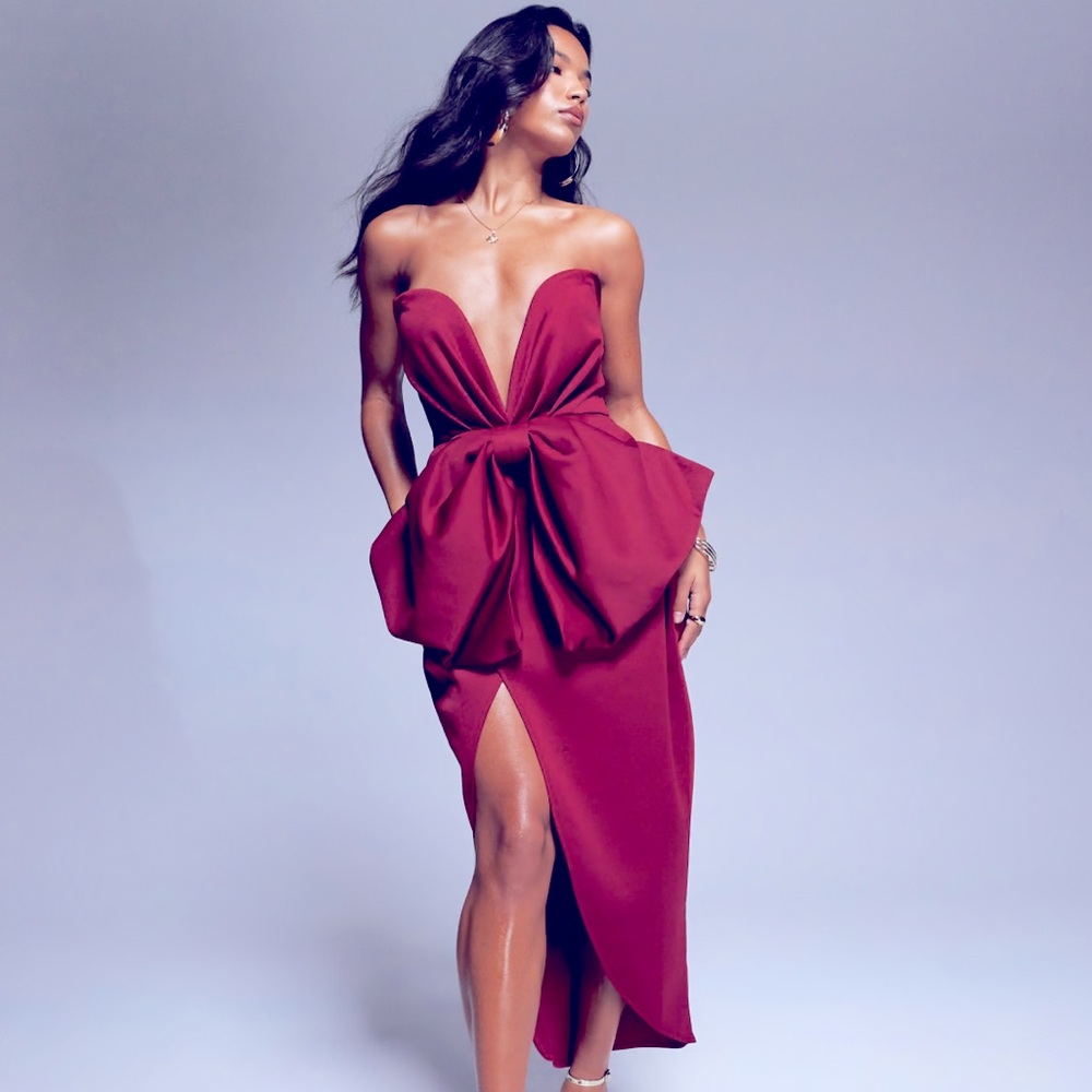 NWT ASOS DESIGN bandeau midi dress with oversized bow in burgundy